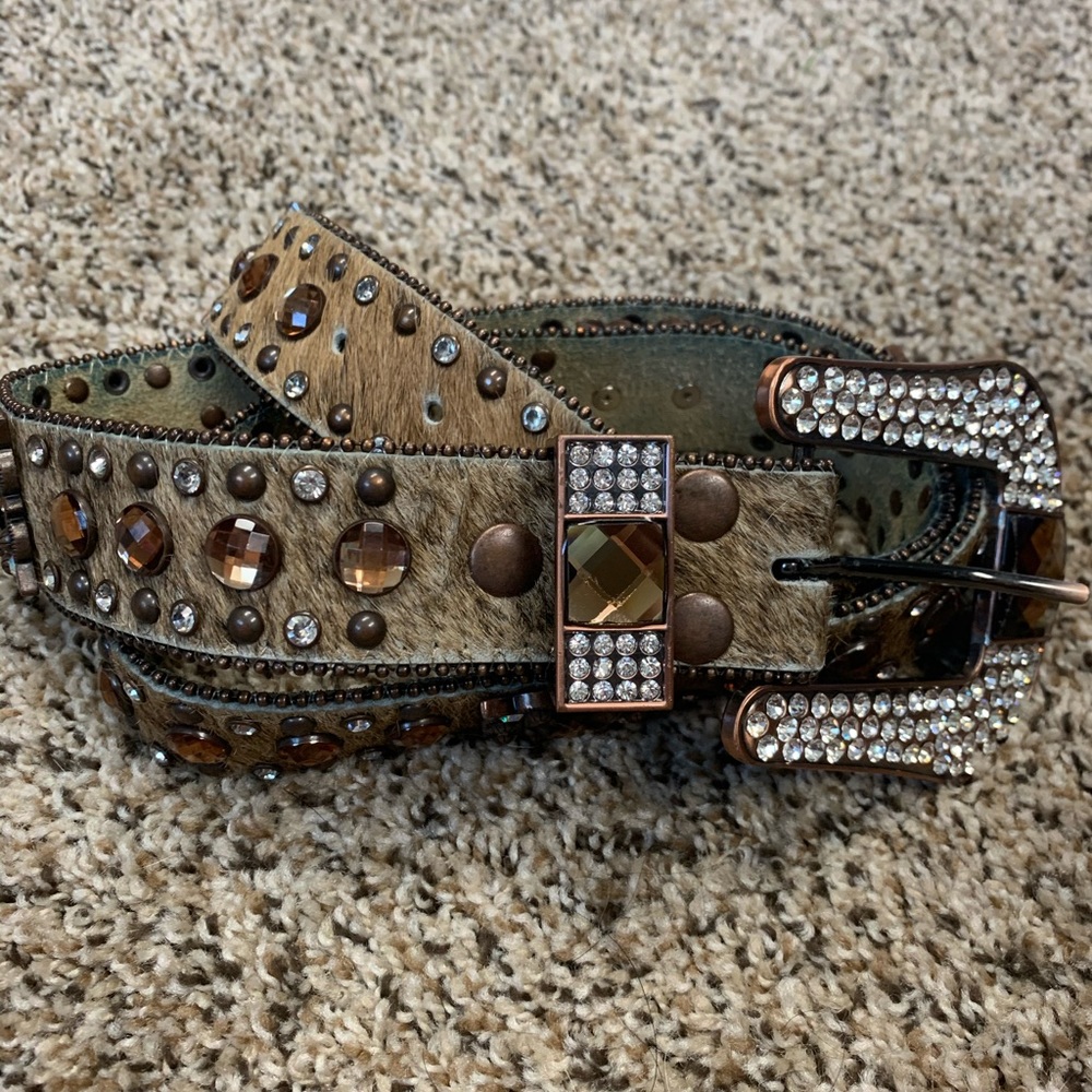 Nocona Genuine Leather Hair Hide Rhinestone Belt